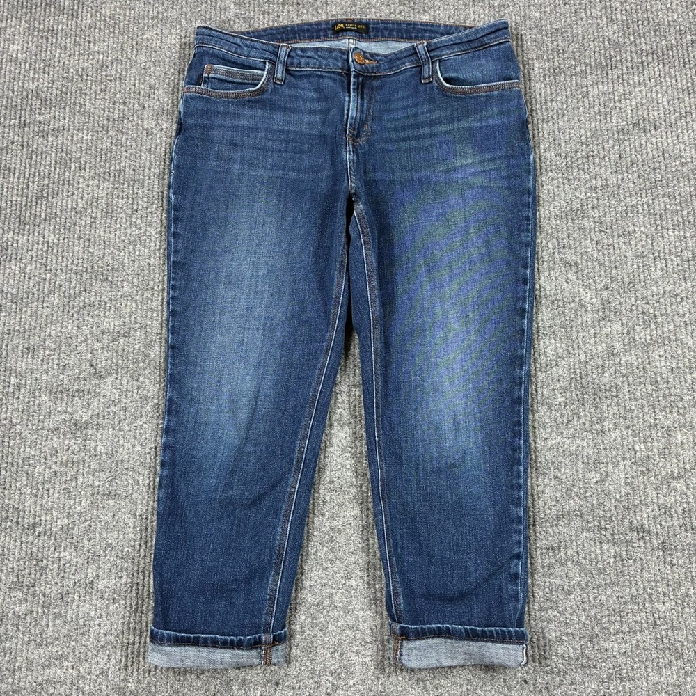 Lee Modern Series Womens Midrise Fit Blue Jeans 34" Stretch Denim Cropped Cuffed
